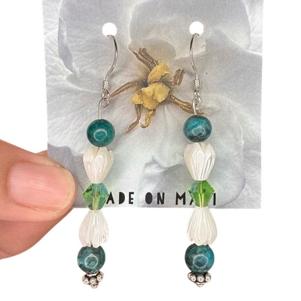 Malachite Pikake Mother of Pearl Beaded Earrings Green White Silver Handmade
